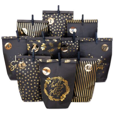 Adventskalender mit bedruckten Tüten Schwarz/Gold