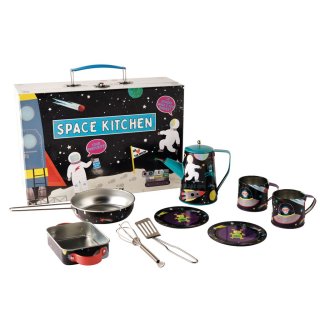 Kinder Teeservice mit Raketen und Weltraummotiven aus Blech